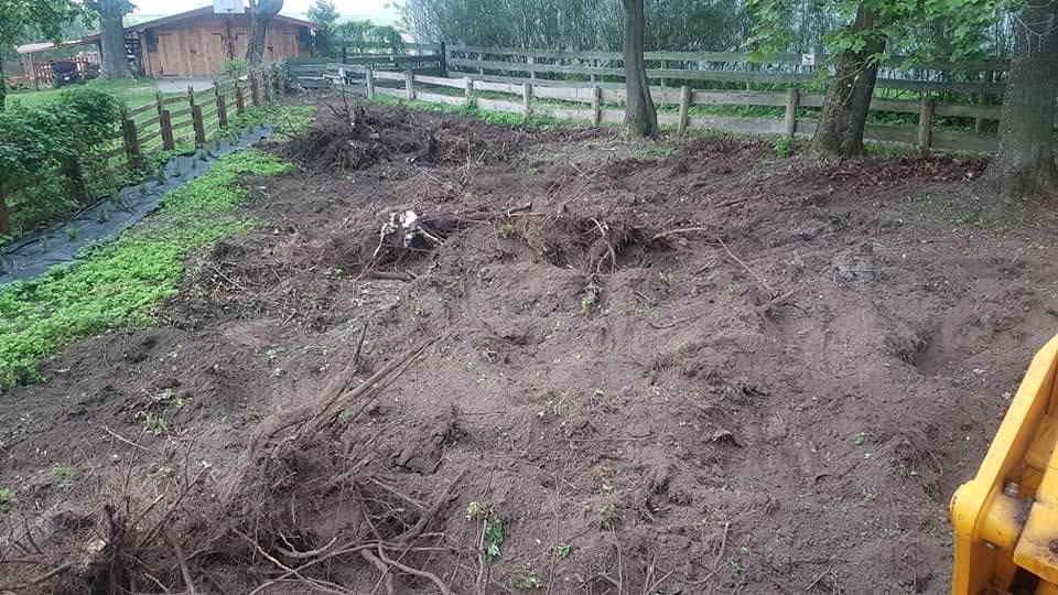 Ta sama działka przed niwelacją — wykarczowany, nierówny grunt z korzeniami